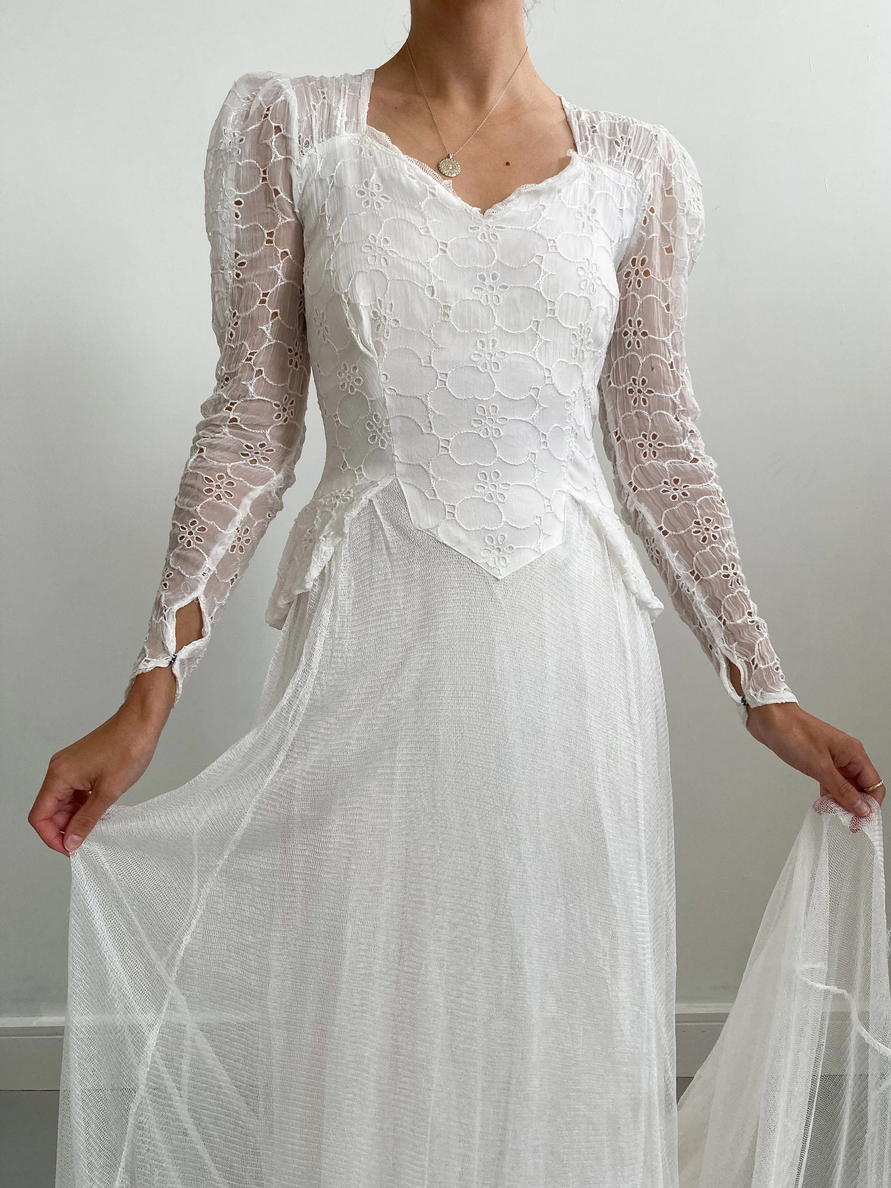 1940s Organdy Broderie and Net Wedding Dress with Train