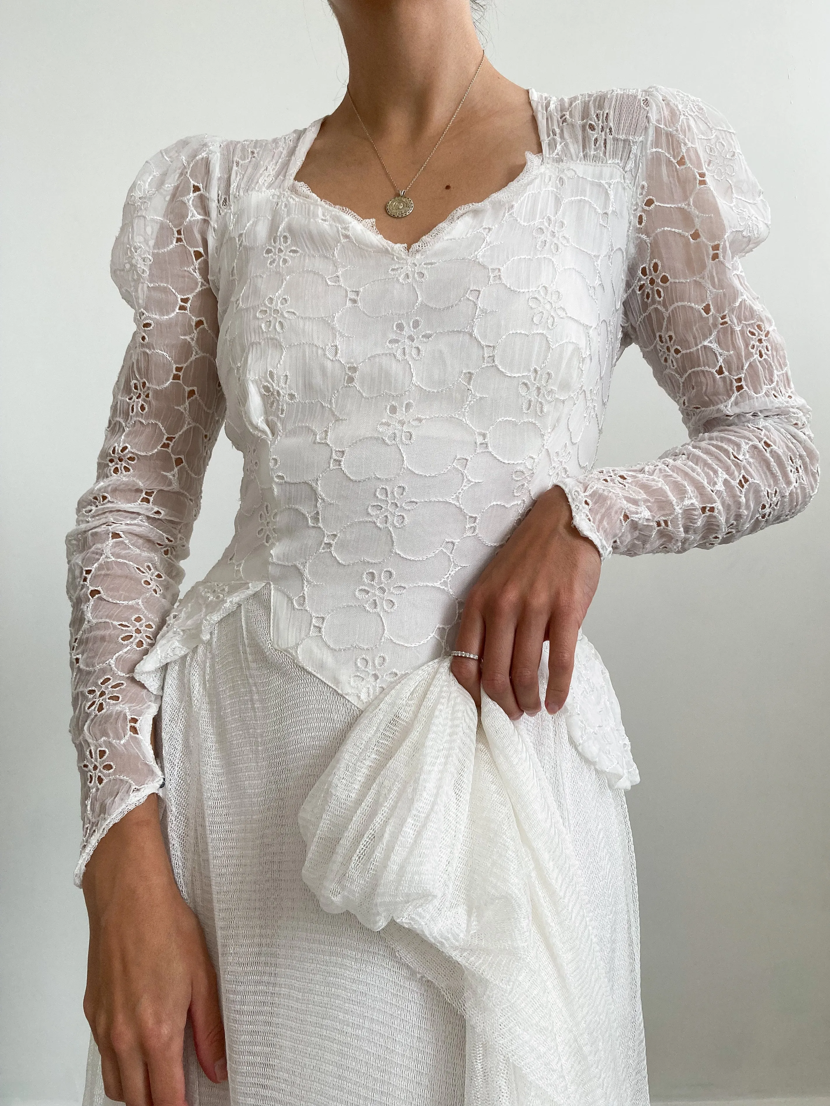 1940s Organdy Broderie and Net Wedding Dress with Train