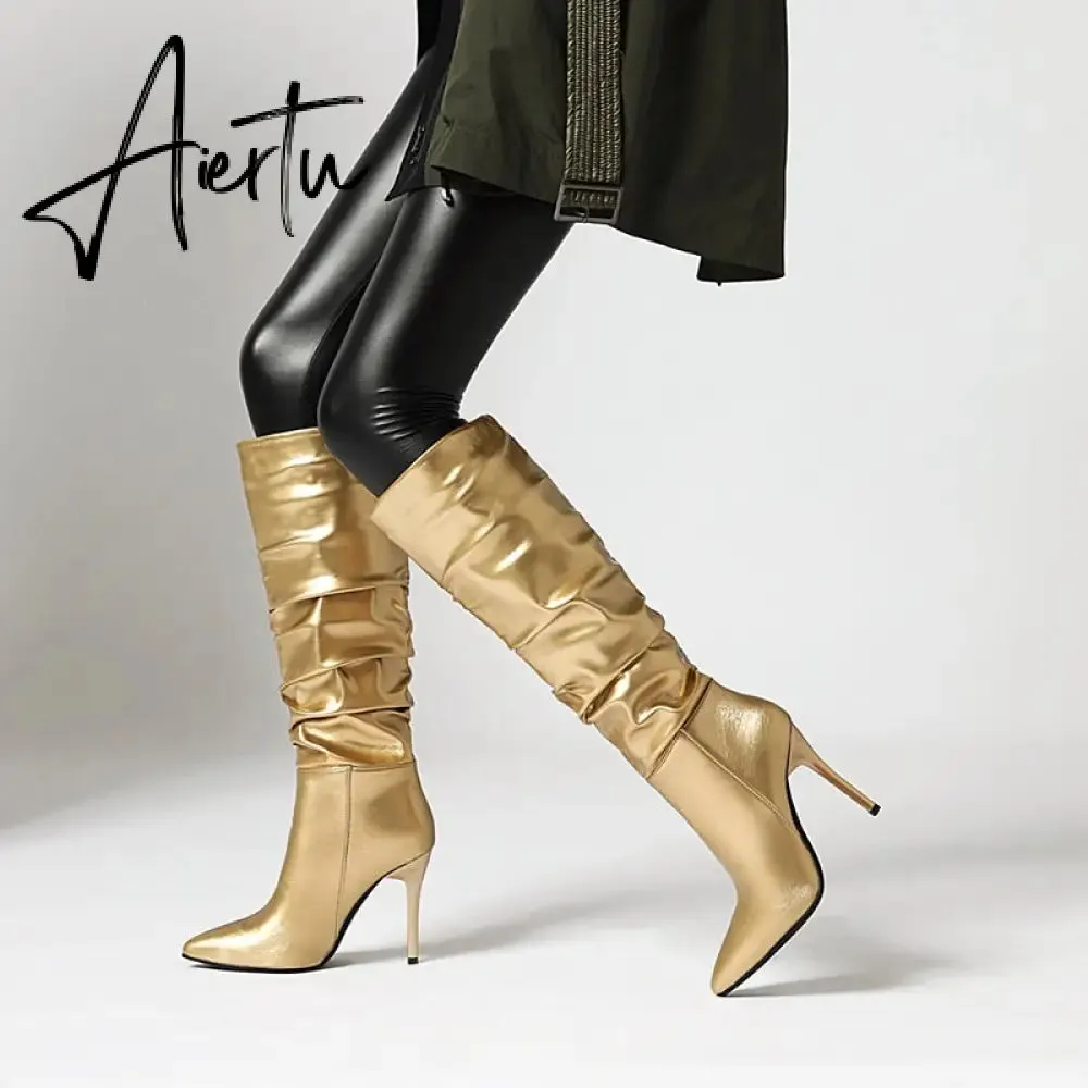 Aiertu Silver gold knee high boots women pleated pointed toe thin high heels dres party shoes autumn winter long boots woman