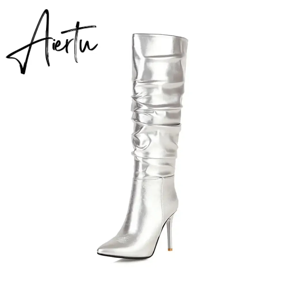 Aiertu Silver gold knee high boots women pleated pointed toe thin high heels dres party shoes autumn winter long boots woman