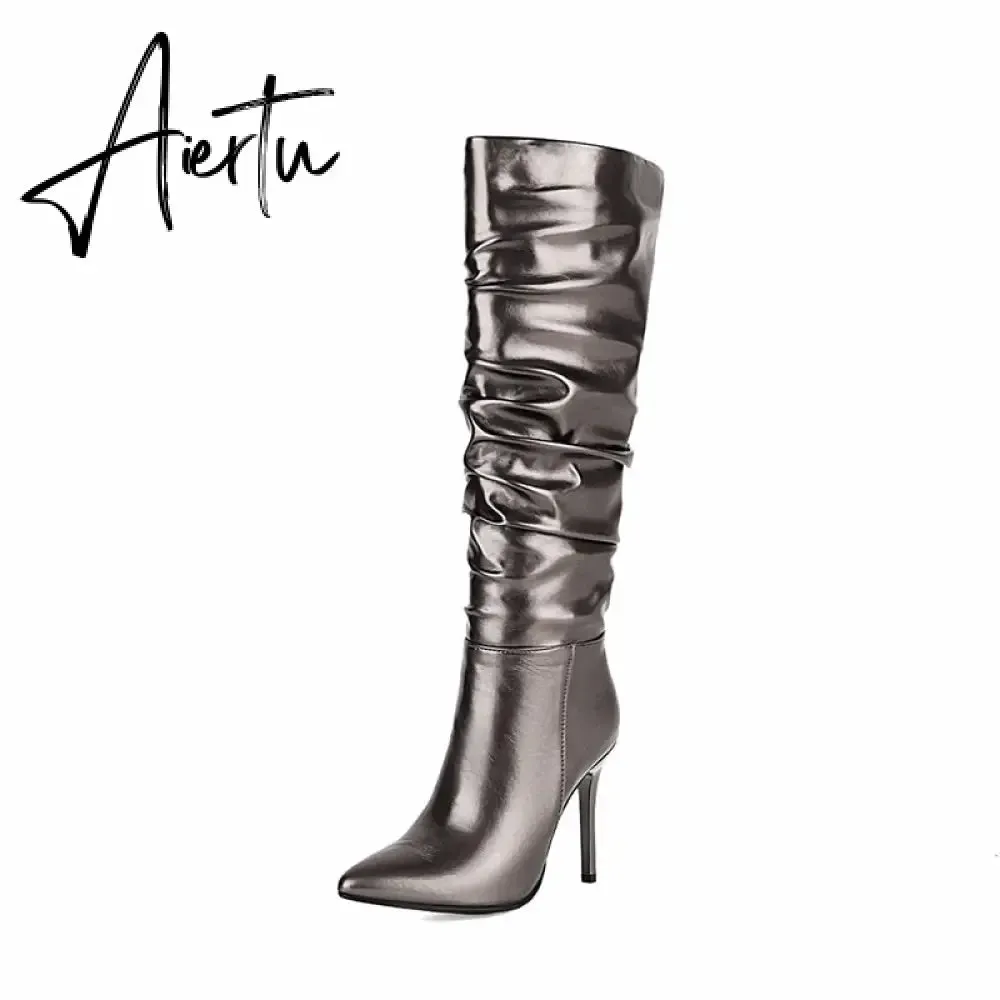 Aiertu Silver gold knee high boots women pleated pointed toe thin high heels dres party shoes autumn winter long boots woman