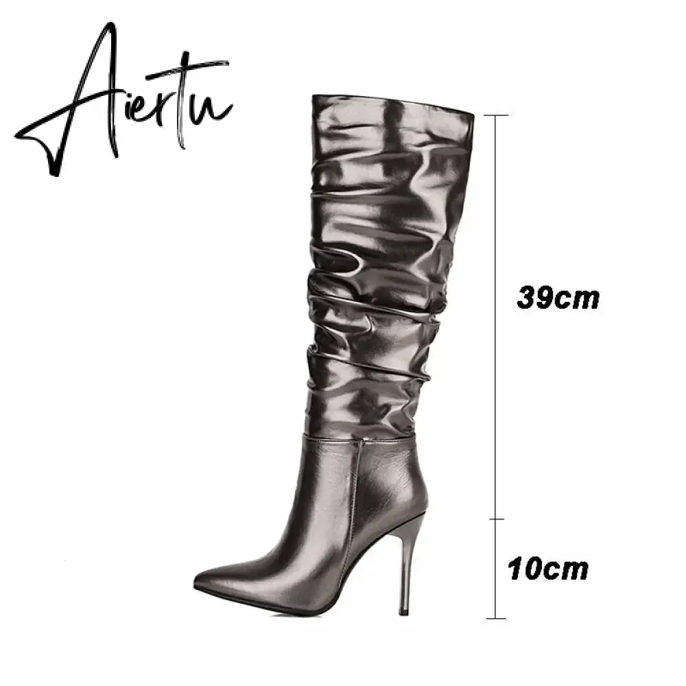 Aiertu Silver gold knee high boots women pleated pointed toe thin high heels dres party shoes autumn winter long boots woman