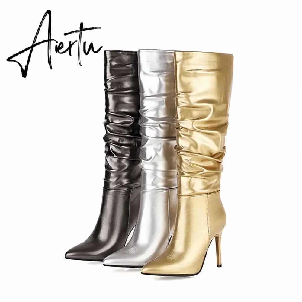 Aiertu Silver gold knee high boots women pleated pointed toe thin high heels dres party shoes autumn winter long boots woman