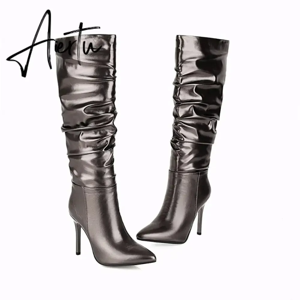 Aiertu Silver gold knee high boots women pleated pointed toe thin high heels dres party shoes autumn winter long boots woman