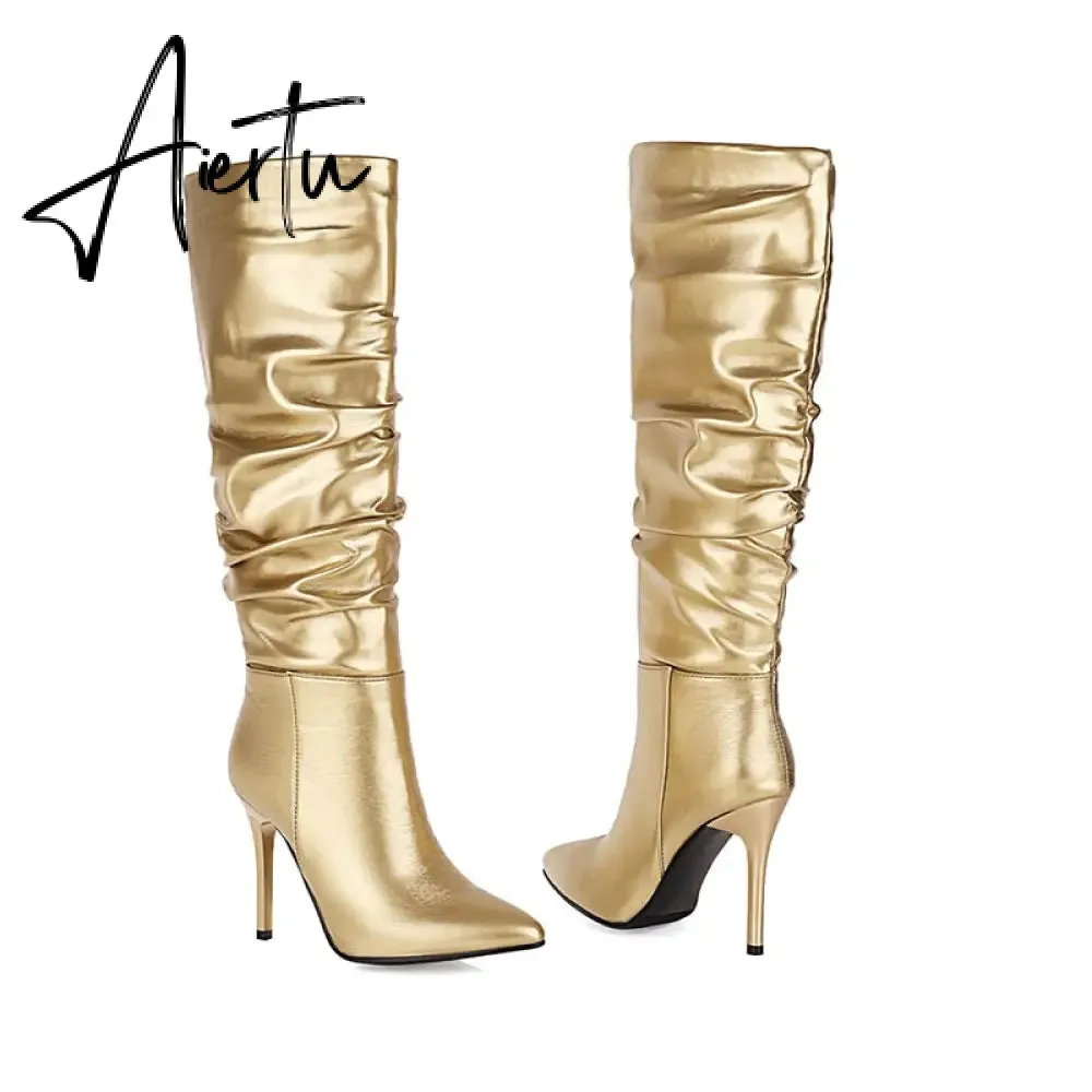 Aiertu Silver gold knee high boots women pleated pointed toe thin high heels dres party shoes autumn winter long boots woman