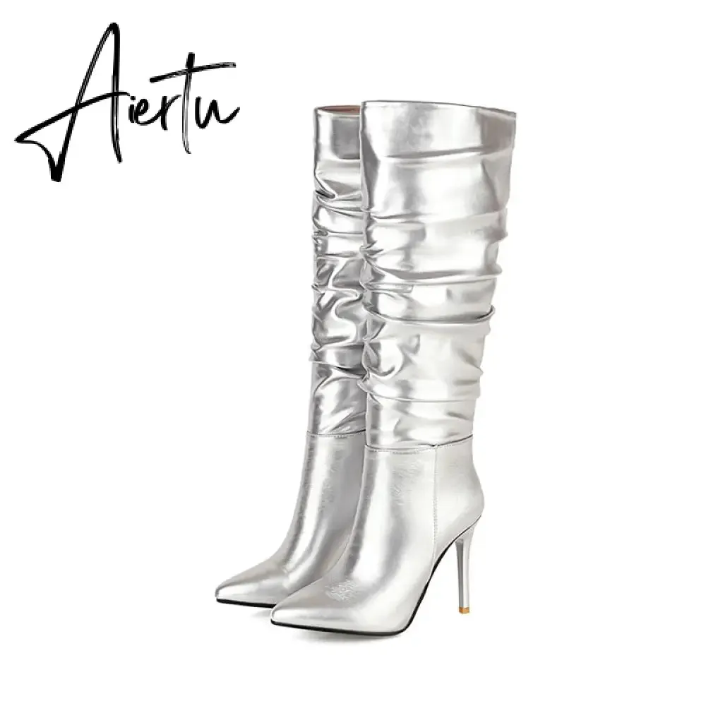 Aiertu Silver gold knee high boots women pleated pointed toe thin high heels dres party shoes autumn winter long boots woman