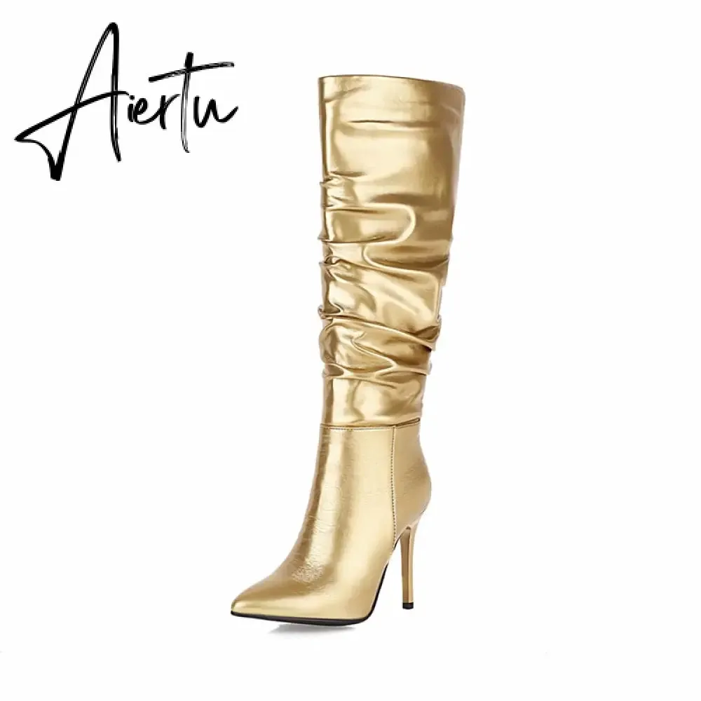 Aiertu Silver gold knee high boots women pleated pointed toe thin high heels dres party shoes autumn winter long boots woman
