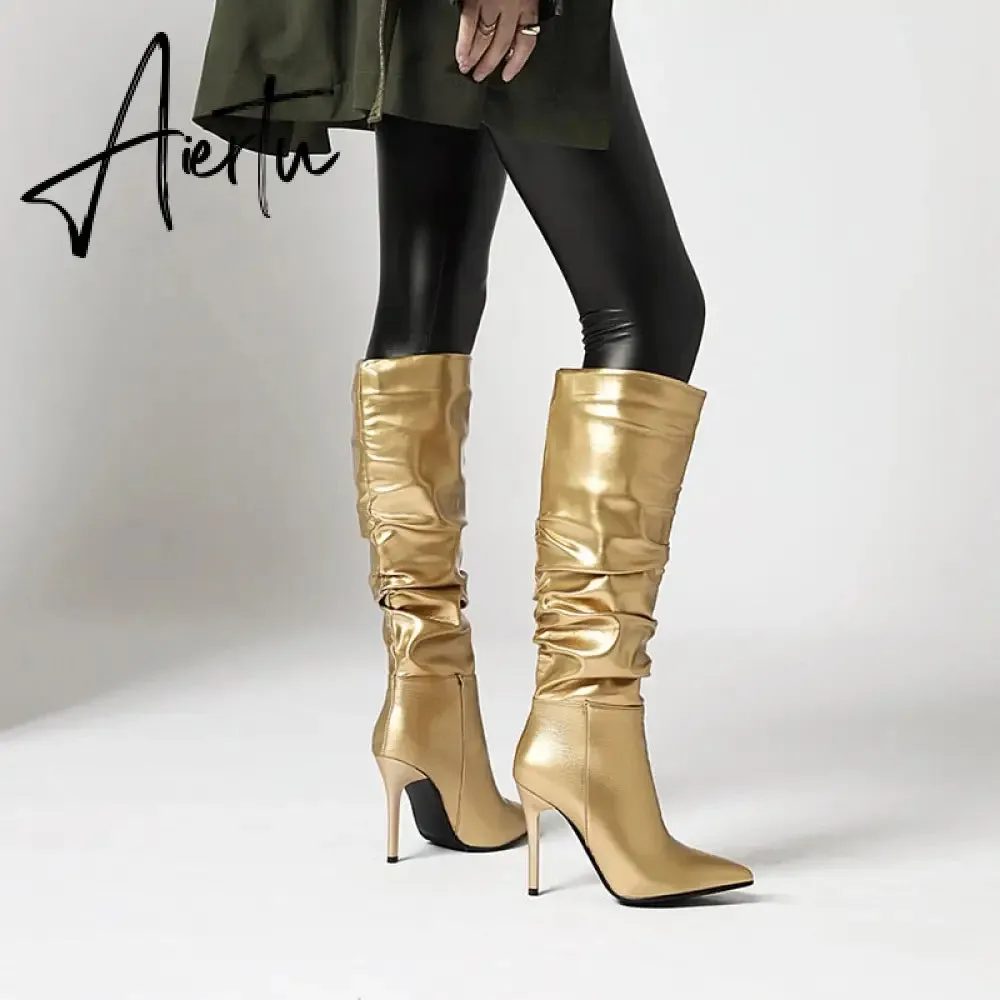 Aiertu Silver gold knee high boots women pleated pointed toe thin high heels dres party shoes autumn winter long boots woman