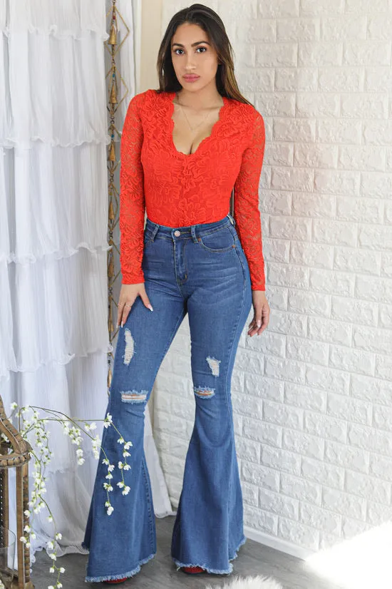 Alexandra Sheer Flora Lace Bodysuit Red Orange