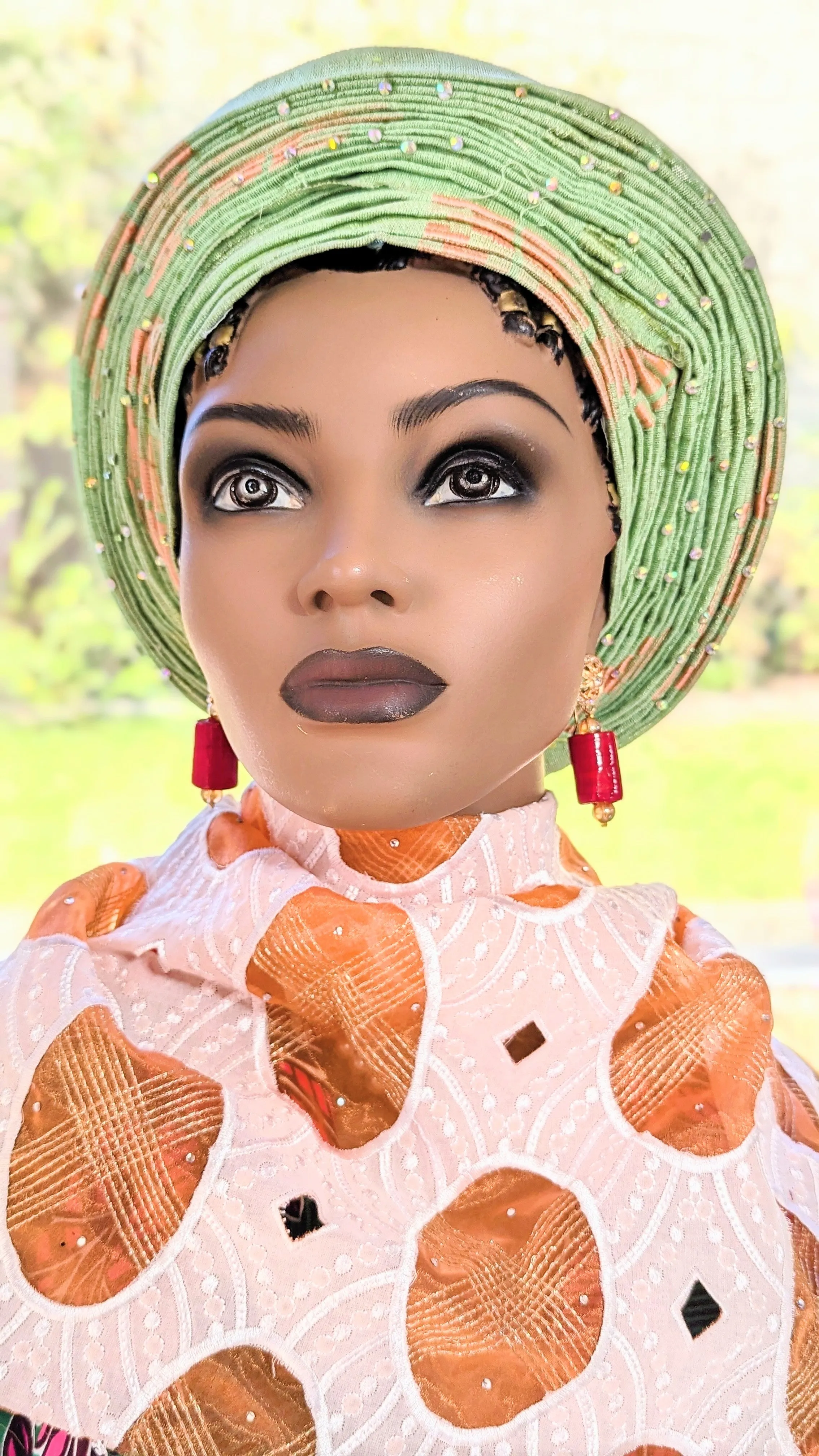 Arawa Mint Green and Orange Aso Oke African head tie Autogele ready gele pre-tied head wrap hat-DPAGMGO11