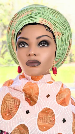 Arawa Mint Green and Orange Aso Oke African head tie Autogele ready gele pre-tied head wrap hat-DPAGMGO11