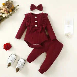 Autumn Newborn Girls Long Sleeve Romper Long Pants-Headband Set