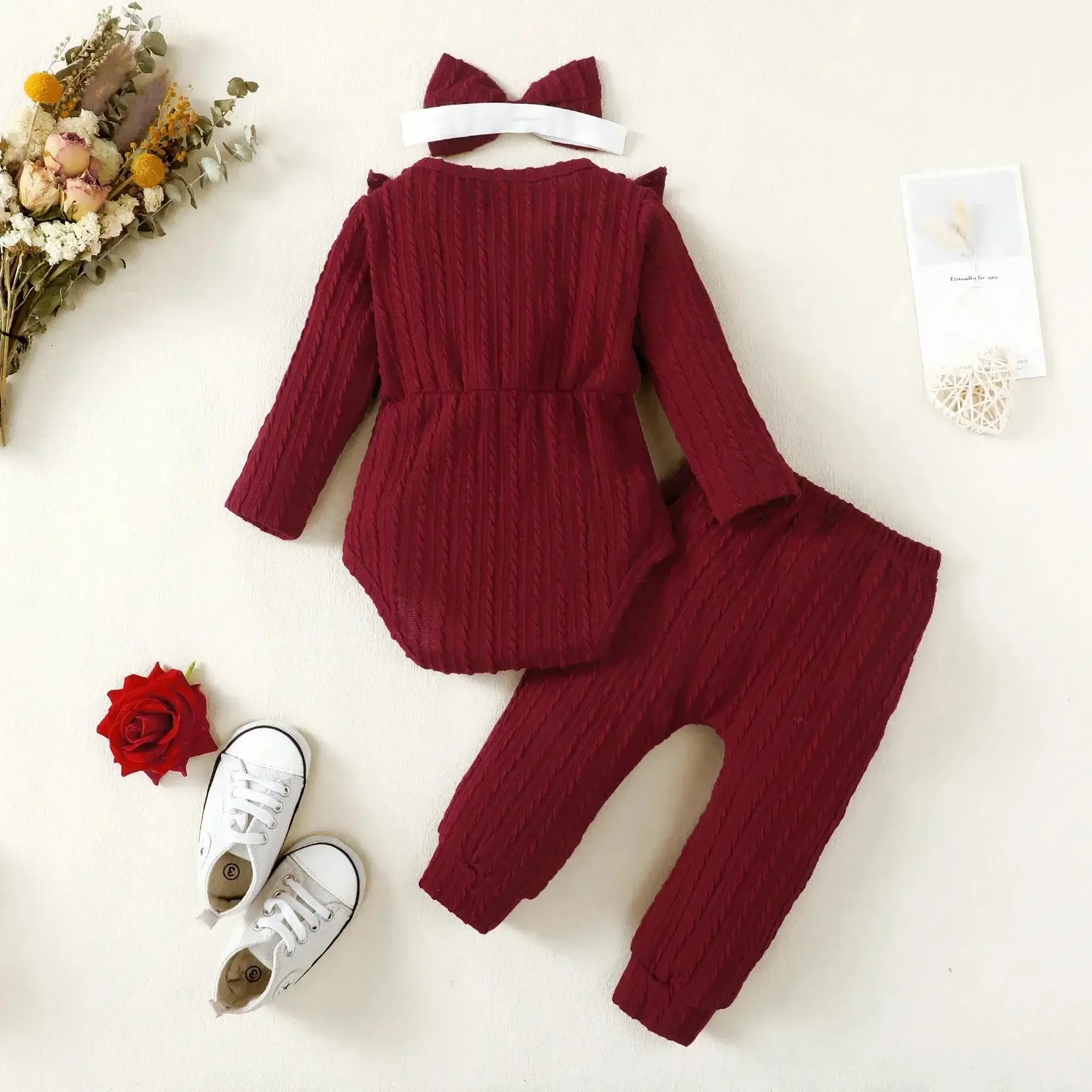 Autumn Newborn Girls Long Sleeve Romper Long Pants-Headband Set