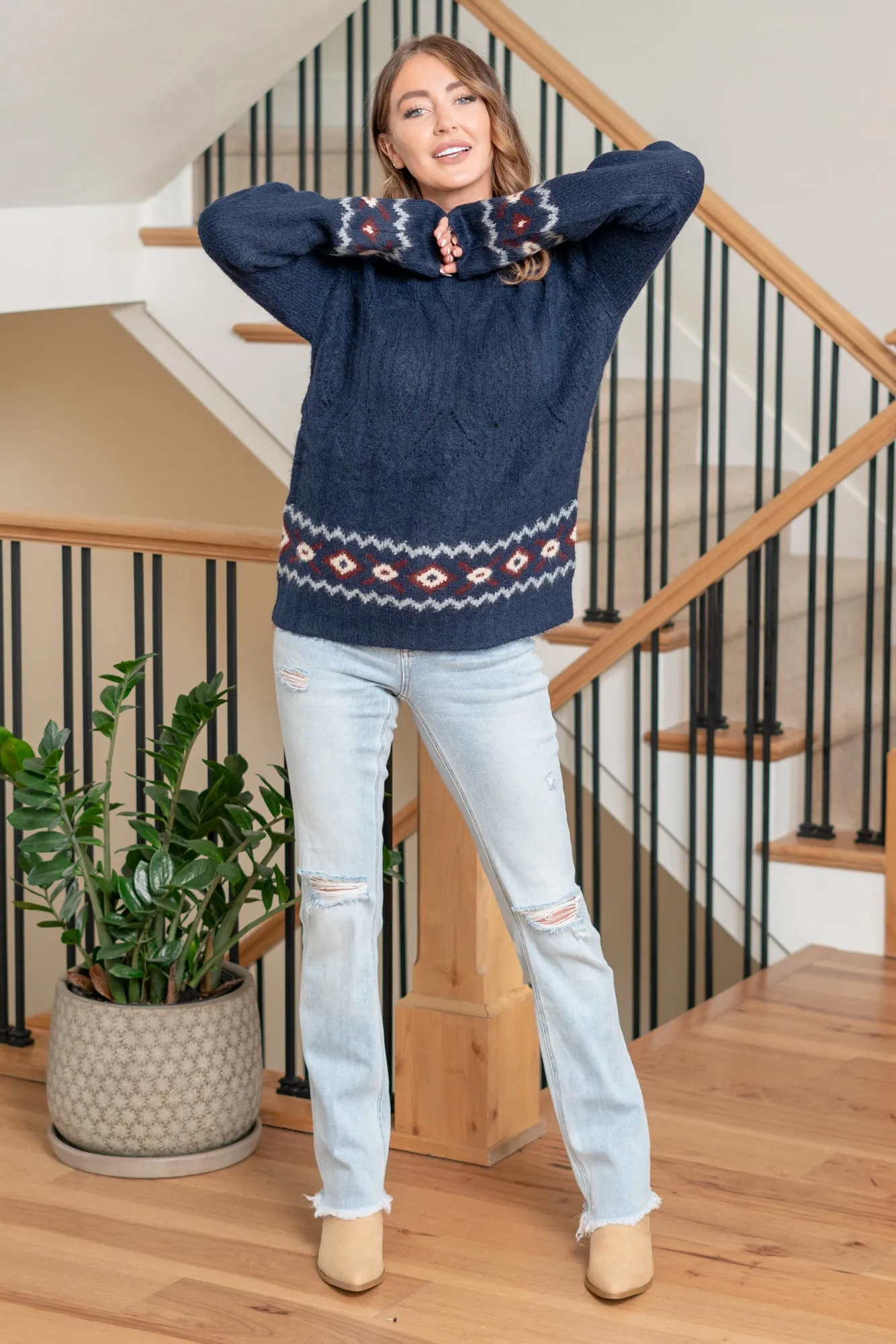 Aztec Mock Neck Sweater - Navy
