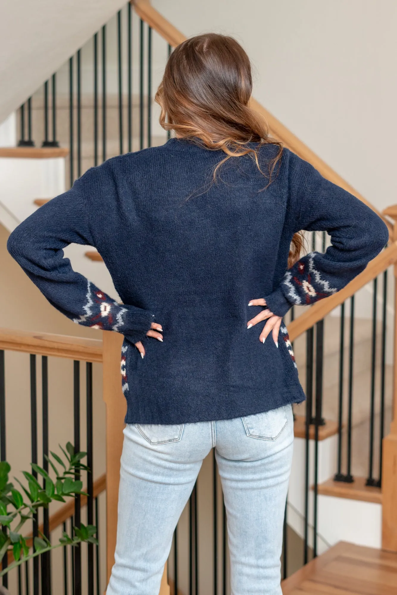 Aztec Mock Neck Sweater - Navy