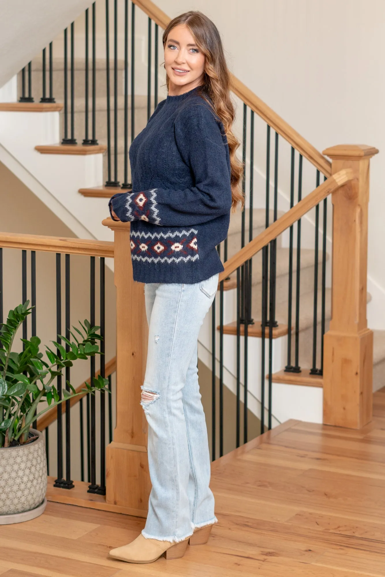 Aztec Mock Neck Sweater - Navy