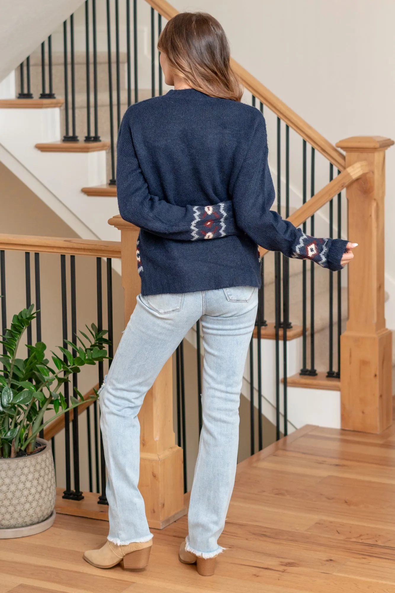 Aztec Mock Neck Sweater - Navy