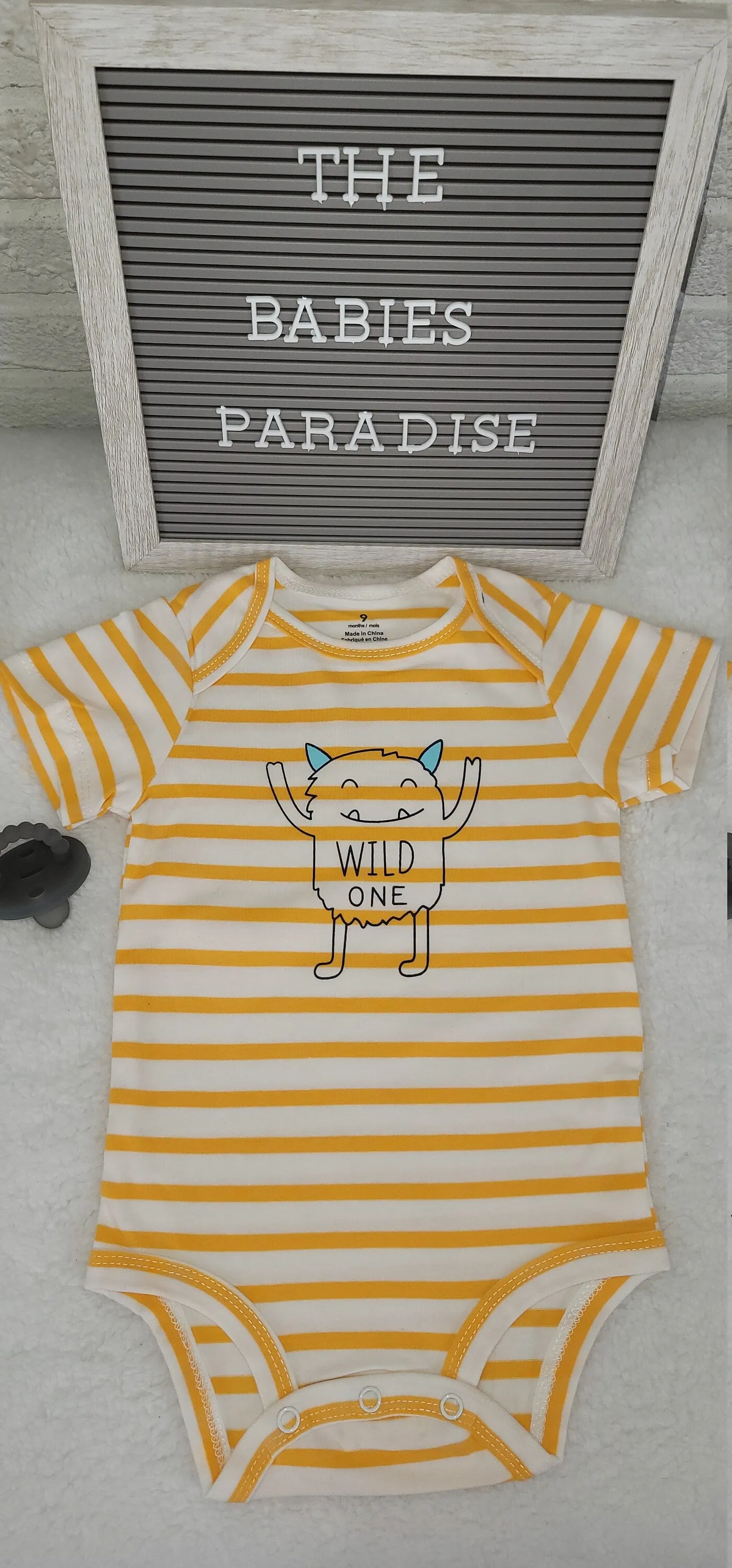 Baby Boy Onesie, Monster Design Onesie,  Yellow/White Stripes Onesie, 9 month Baby Boy Onesie, Trendy Onesie, Stylish Bodysuit, Babybodysuit