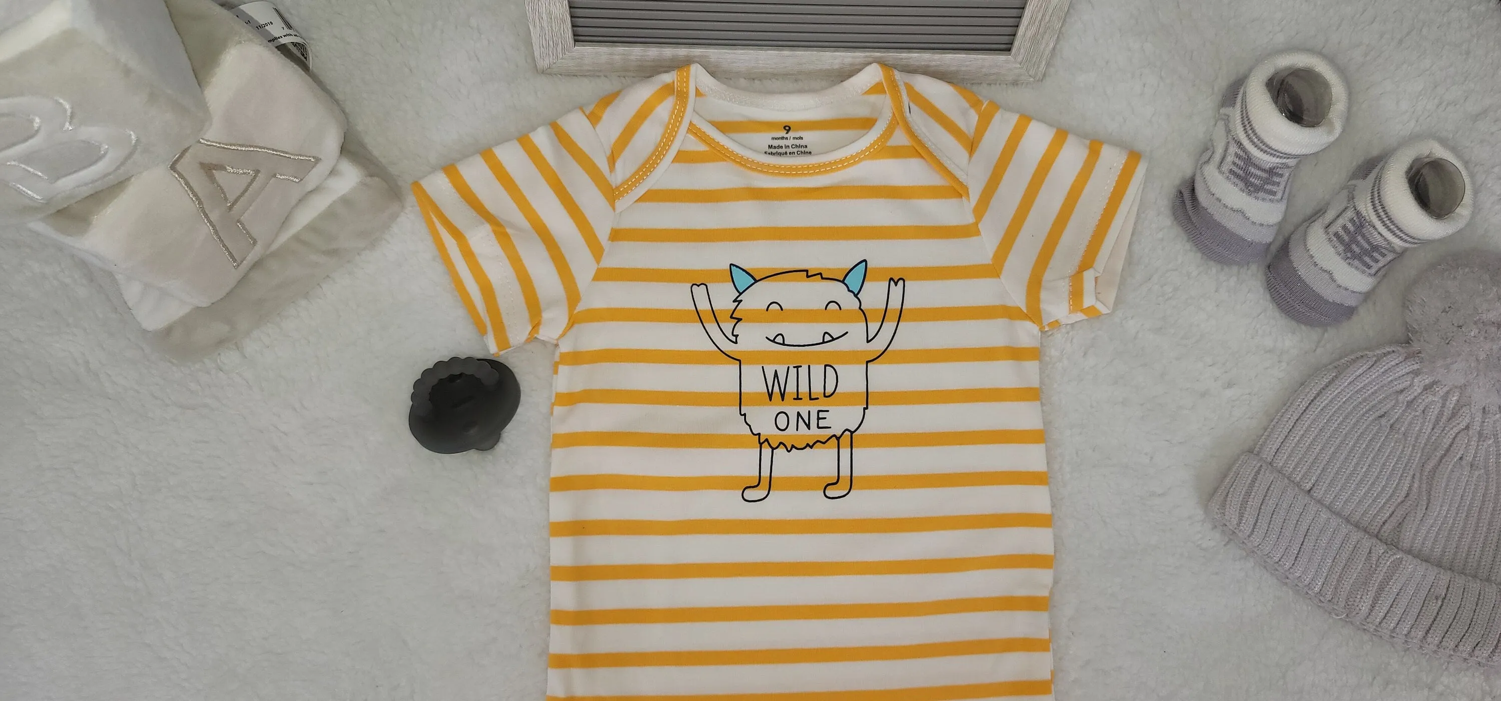 Baby Boy Onesie, Monster Design Onesie,  Yellow/White Stripes Onesie, 9 month Baby Boy Onesie, Trendy Onesie, Stylish Bodysuit, Babybodysuit