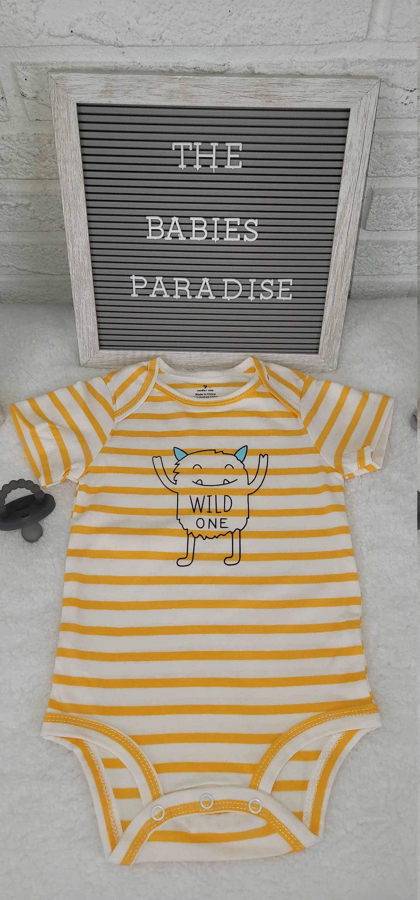 Baby Boy Onesie, Monster Design Onesie,  Yellow/White Stripes Onesie, 9 month Baby Boy Onesie, Trendy Onesie, Stylish Bodysuit, Babybodysuit