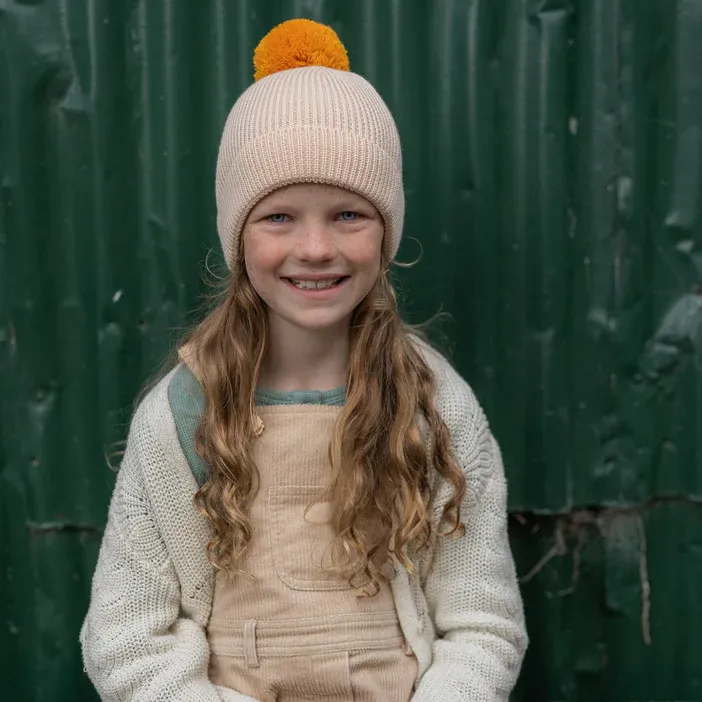 Beanie - Oslo Ribbed Cream with Mustard Pom