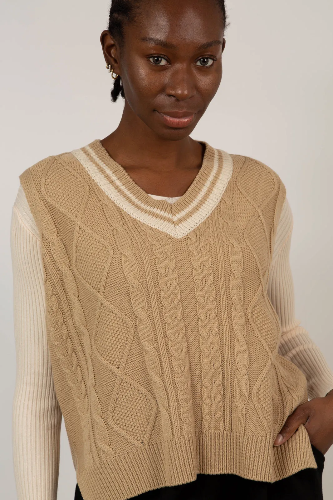 Beige and ivory varsity trim sweater vest
