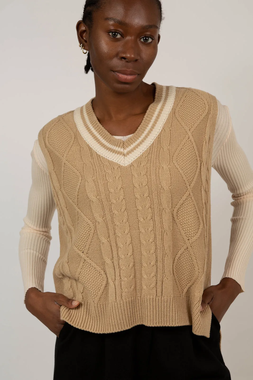 Beige and ivory varsity trim sweater vest