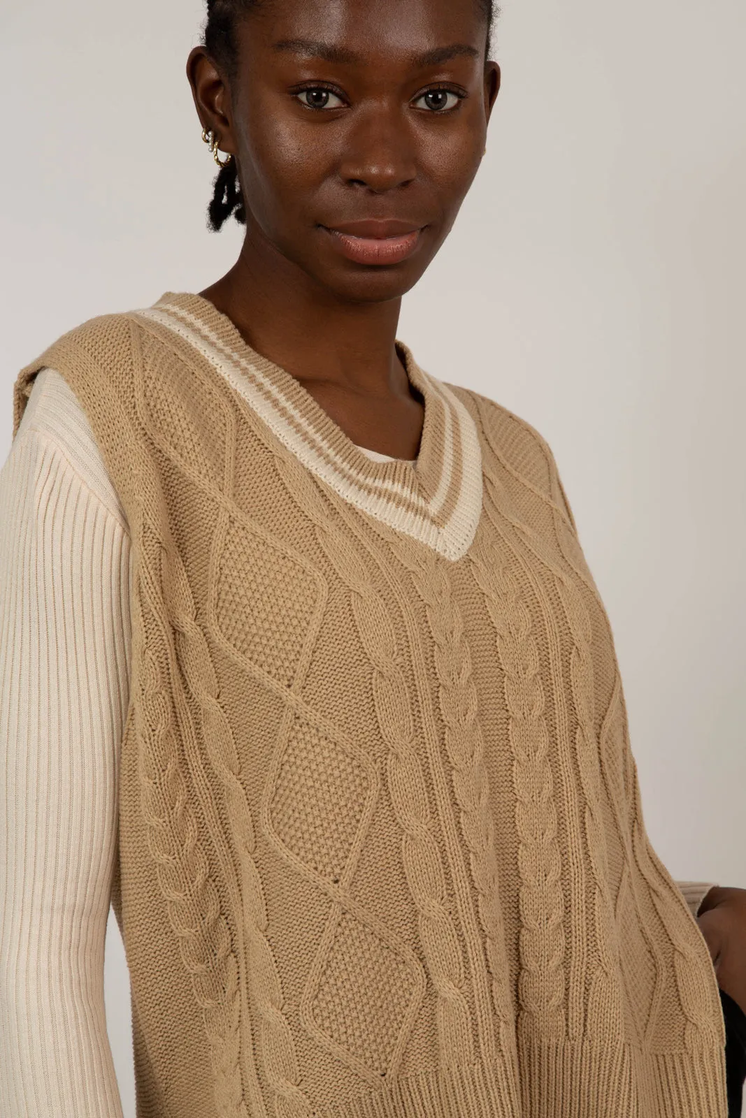 Beige and ivory varsity trim sweater vest