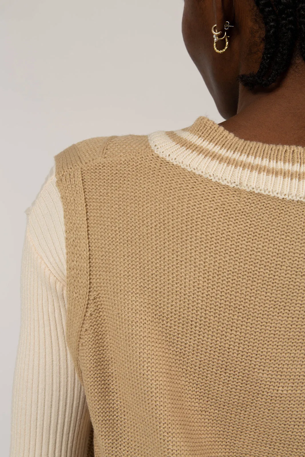 Beige and ivory varsity trim sweater vest