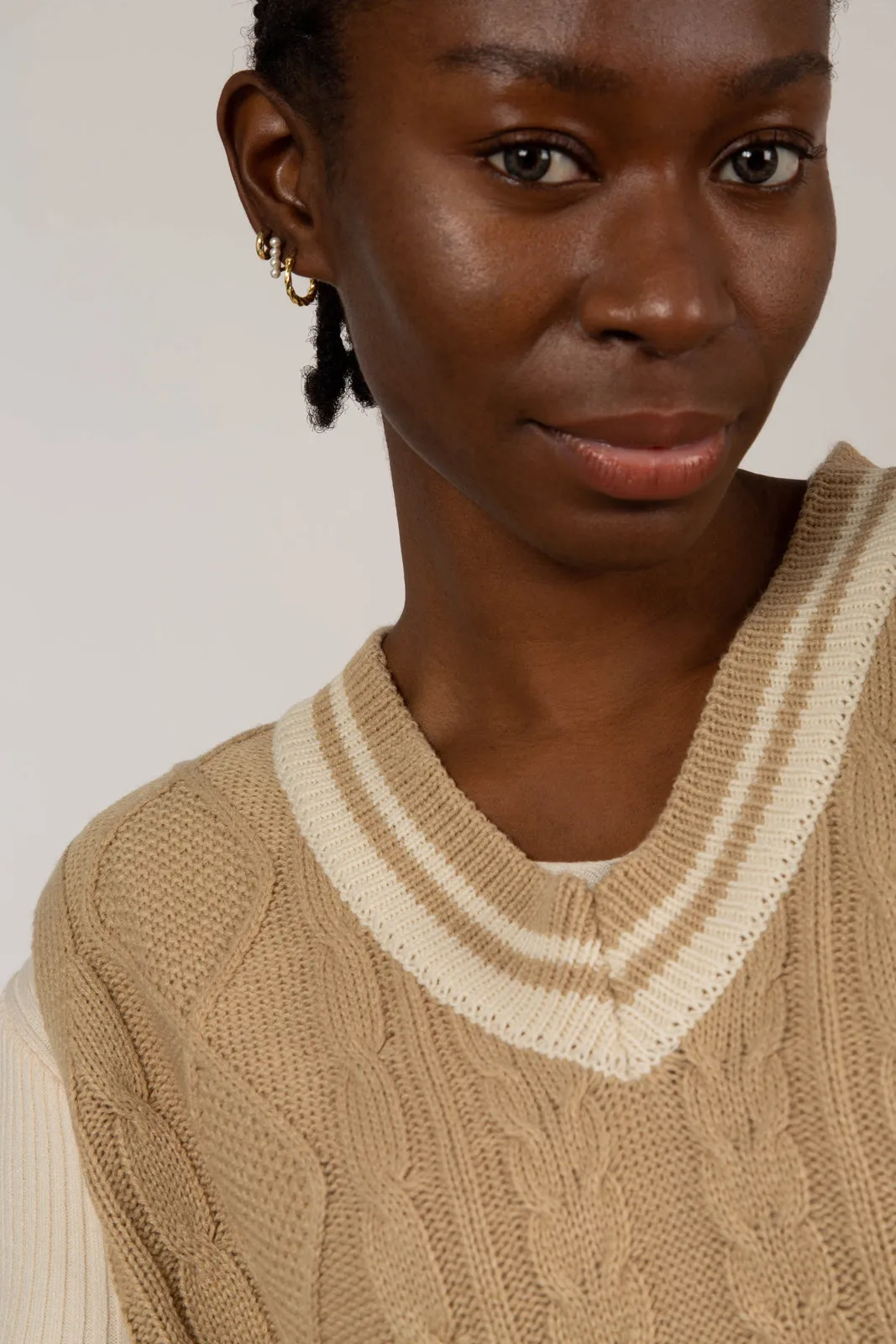 Beige and ivory varsity trim sweater vest