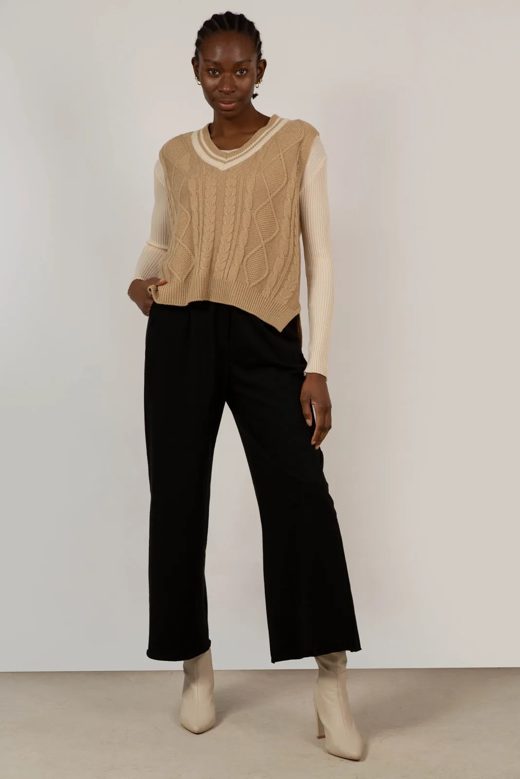Beige and ivory varsity trim sweater vest