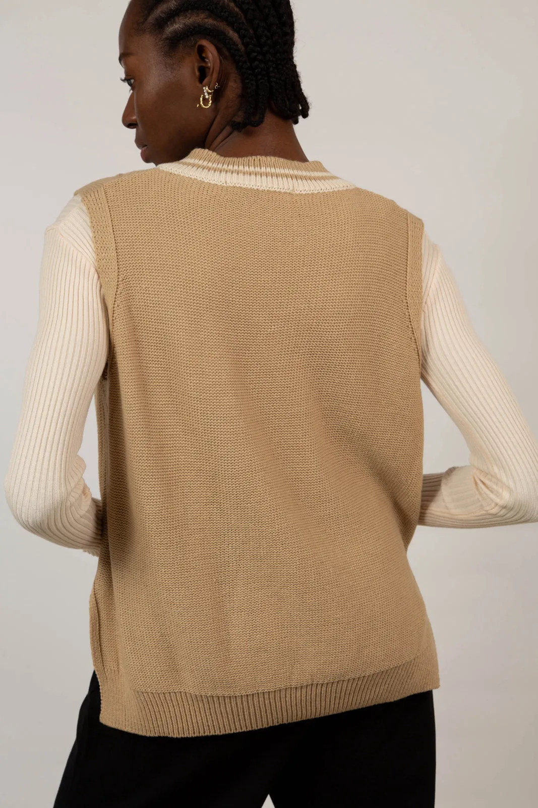 Beige and ivory varsity trim sweater vest