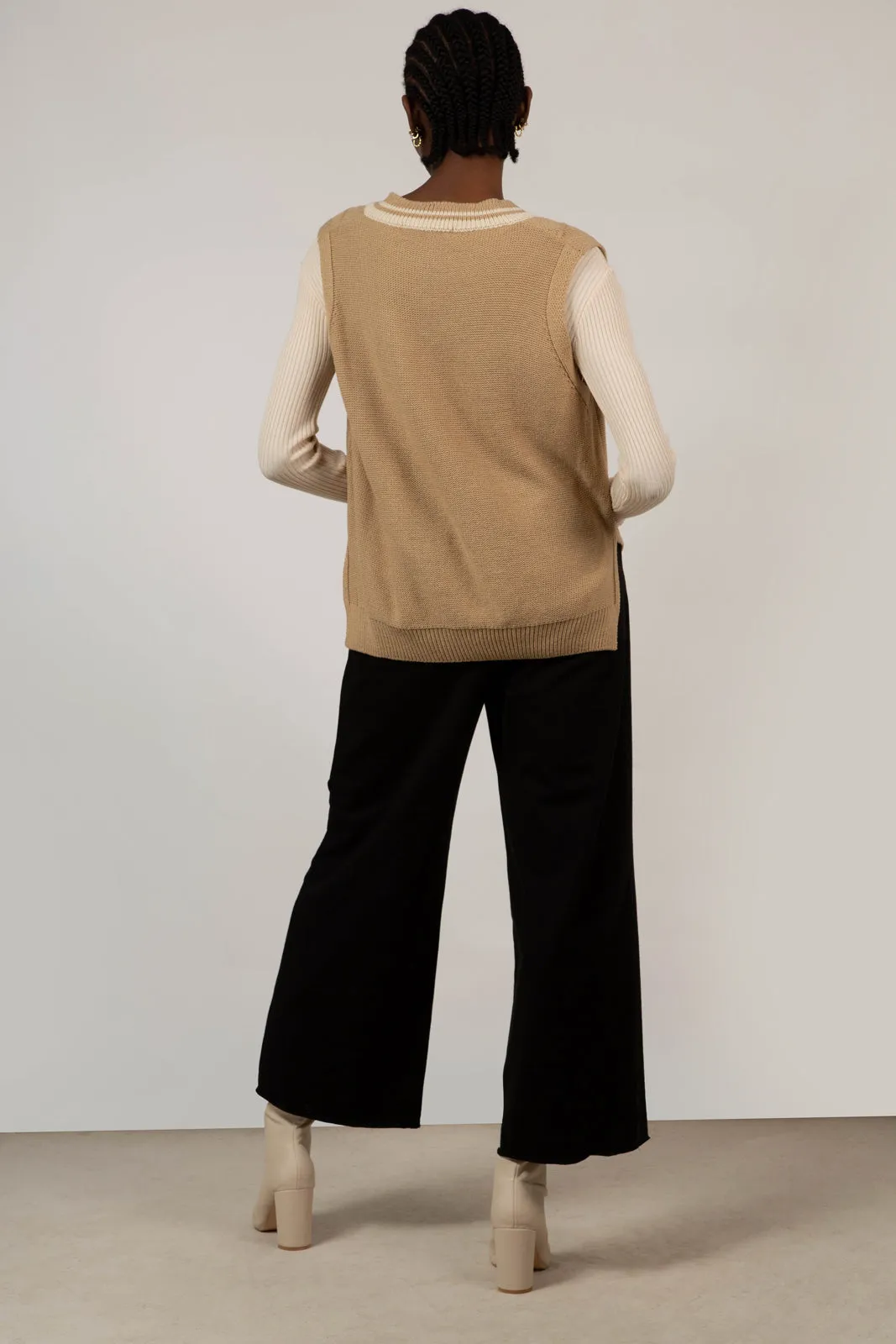 Beige and ivory varsity trim sweater vest