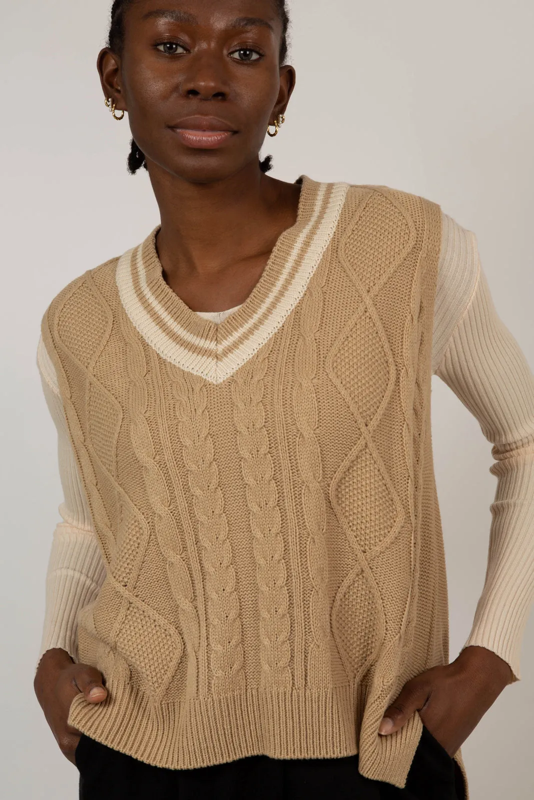 Beige and ivory varsity trim sweater vest