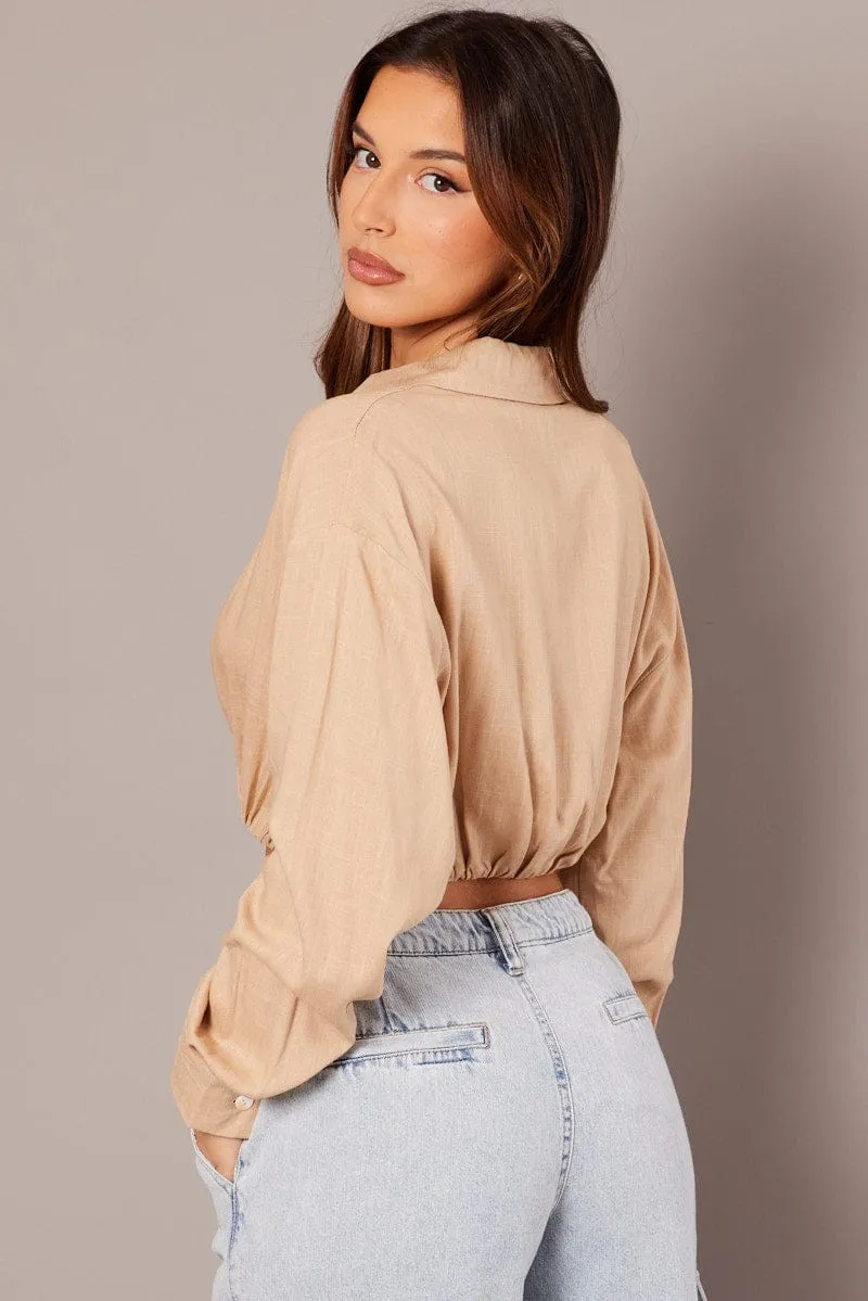 Beige Twist Front Cropped Relaxed Collared Shirt
