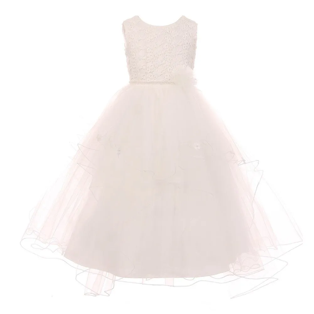 Big Girls Ivory Pearl Flower Adorned Multi Layer Communion Dress 8-16