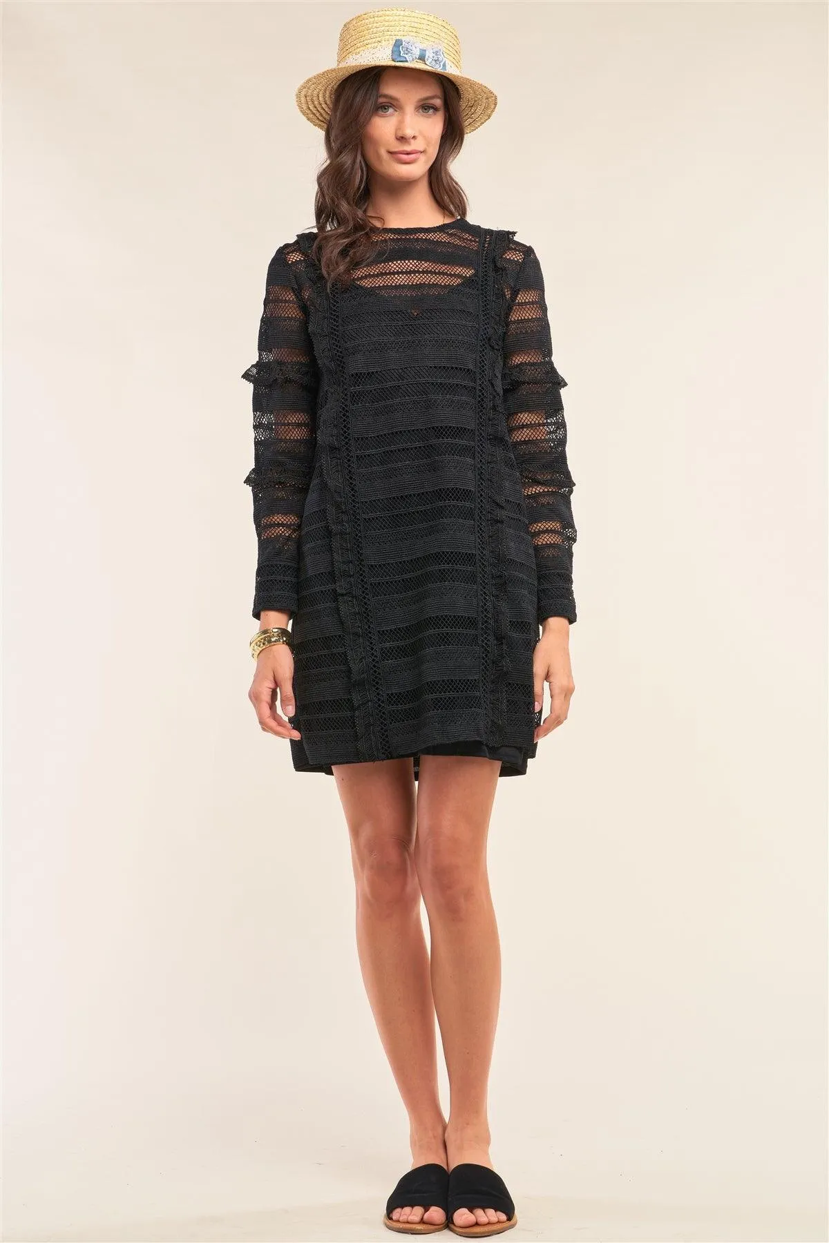 Black Crochet Lace Mesh Crew Neck Long Sleeve Frill Trim Detail Mini Dress /1-2-2-1