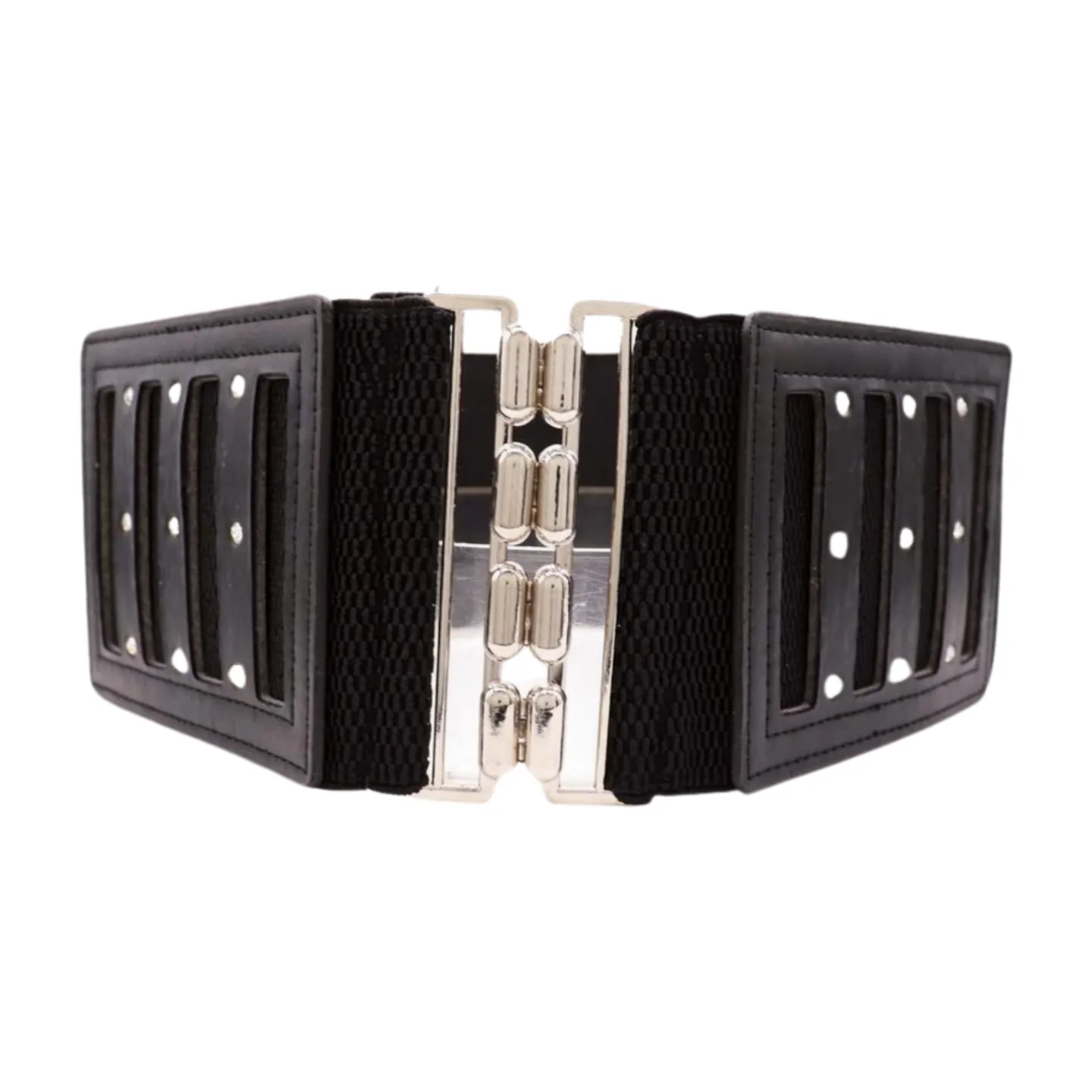 Black Elastic Wide Fashion Belt Silver Buckle Size S M