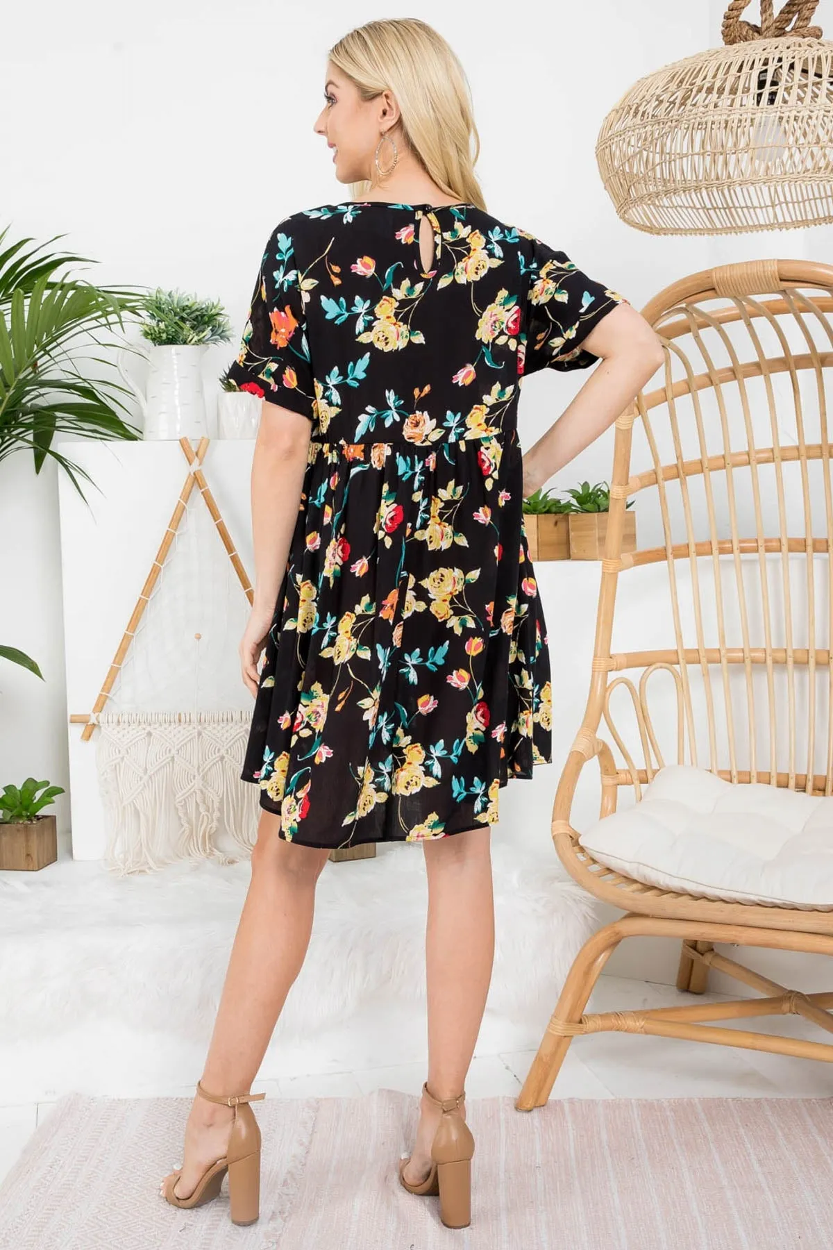 BLACK FLORAL PRINT RAFFLES TENT DRESS