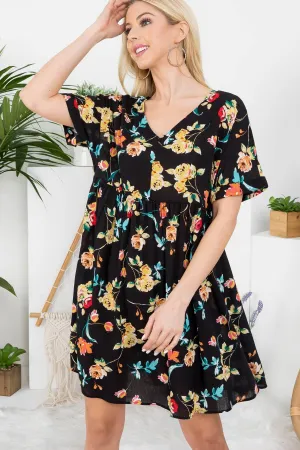 BLACK FLORAL PRINT RAFFLES TENT DRESS
