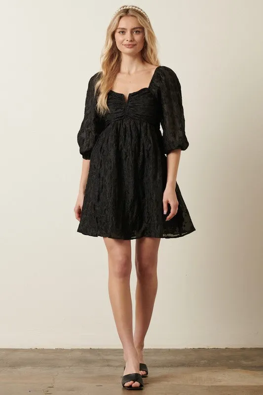 Black Flower Jacquard Babydoll Dress