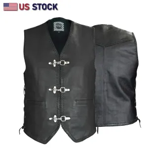 BLACK HL11650BLACK Heavy Metal Rocker Braid Waistcoat Motorcycle Vest Buckle