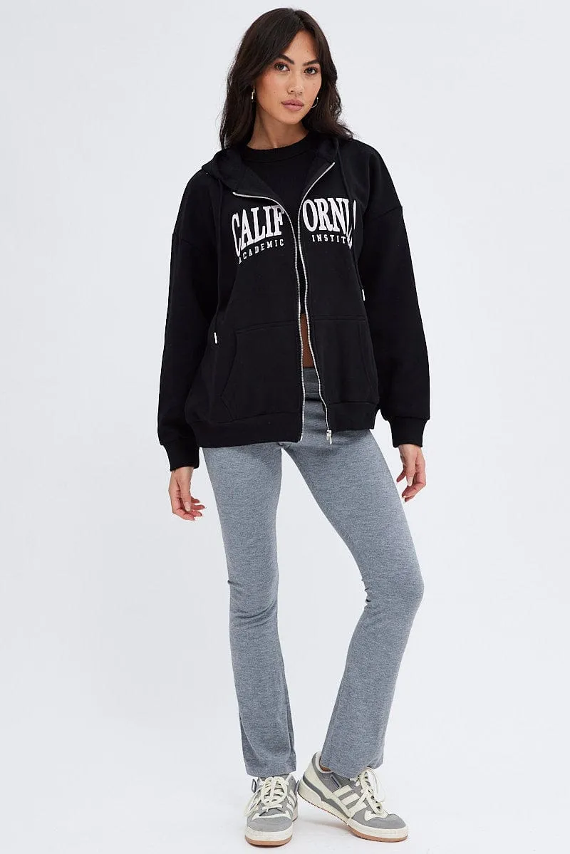 Black Hoodie Zip Long Sleeves Applique