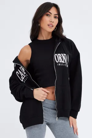 Black Hoodie Zip Long Sleeves Applique