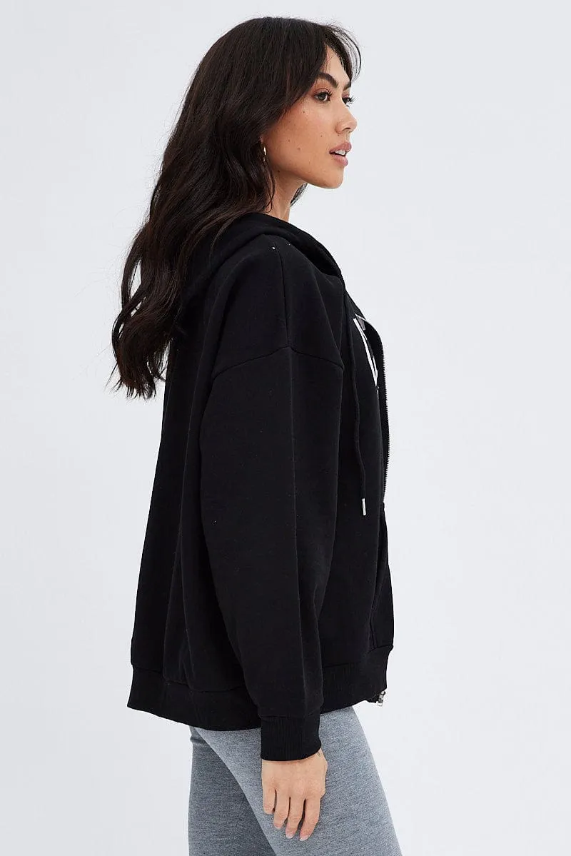 Black Hoodie Zip Long Sleeves Applique