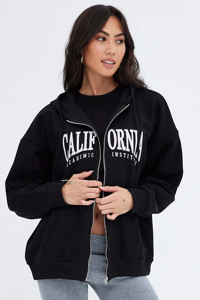 Black Hoodie Zip Long Sleeves Applique