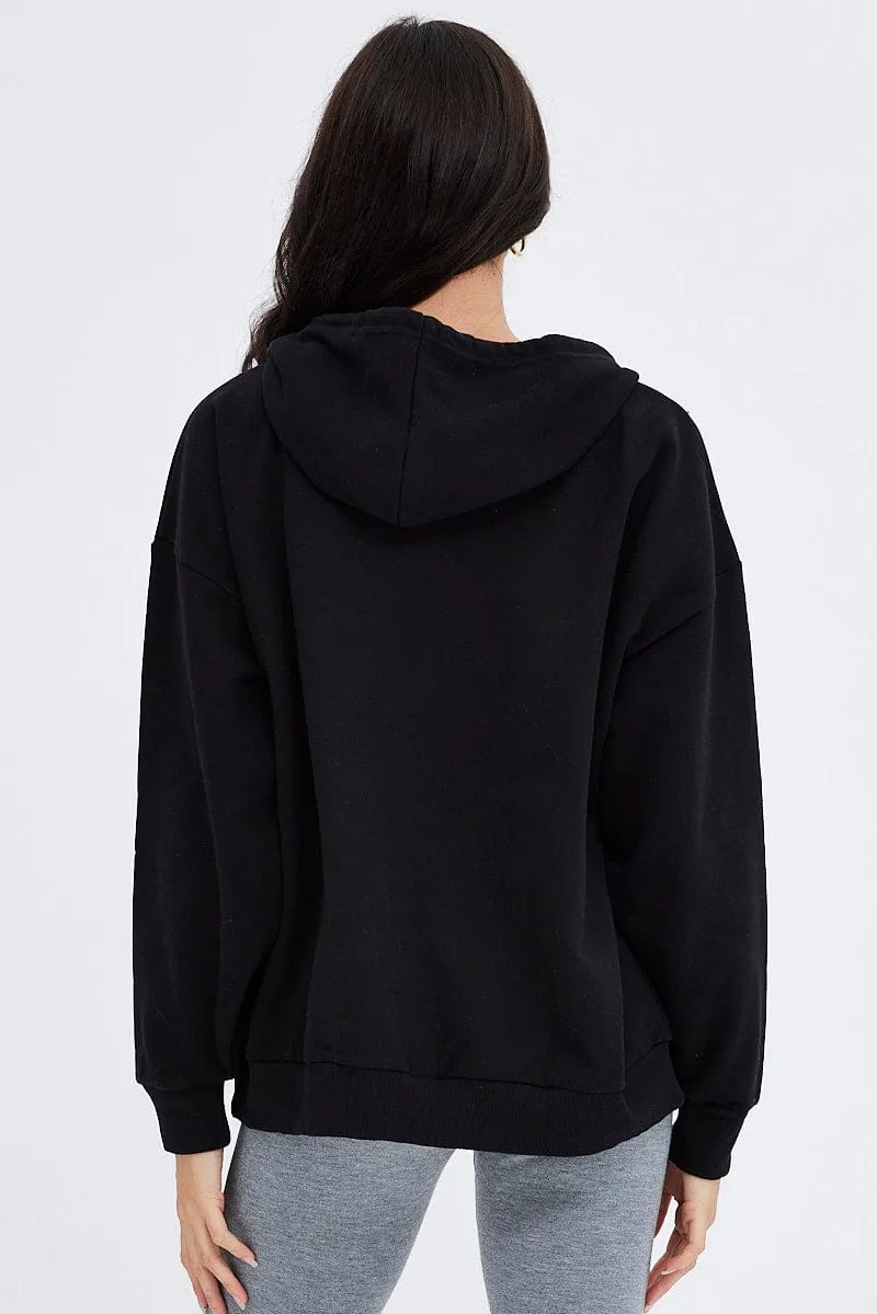 Black Hoodie Zip Long Sleeves Applique