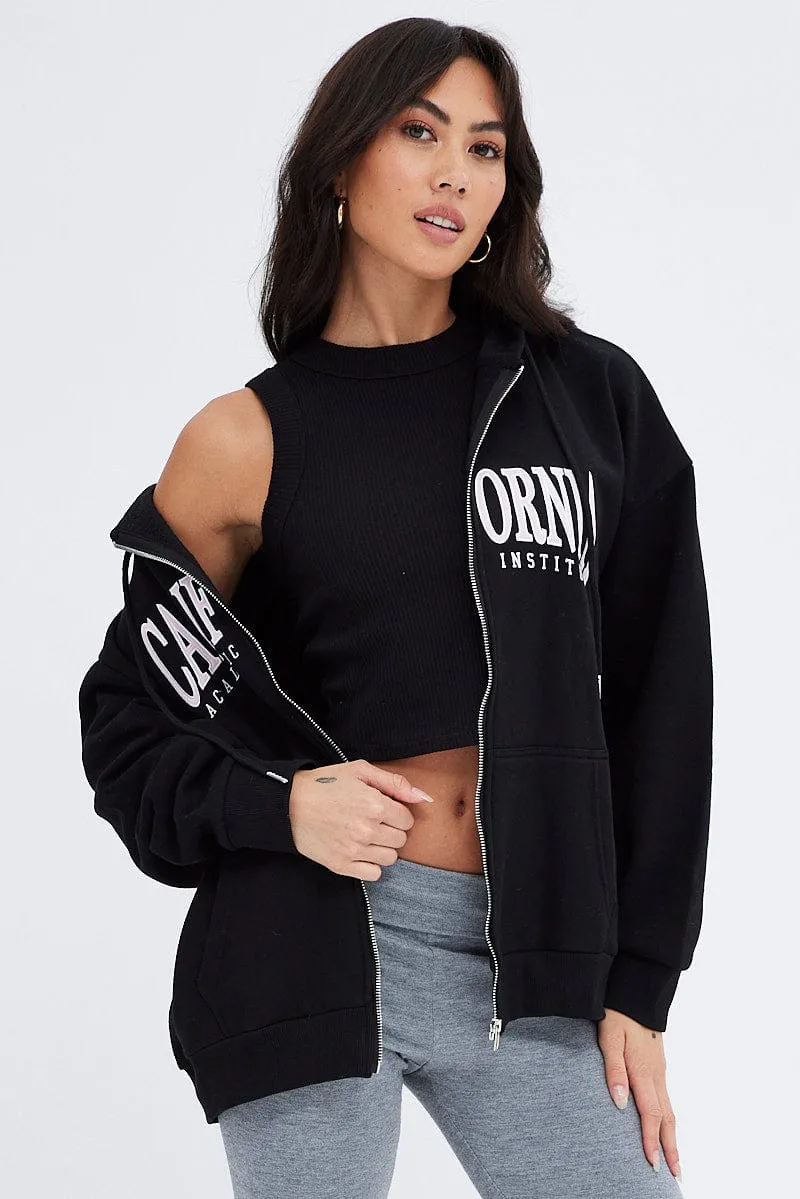 Black Hoodie Zip Long Sleeves Applique