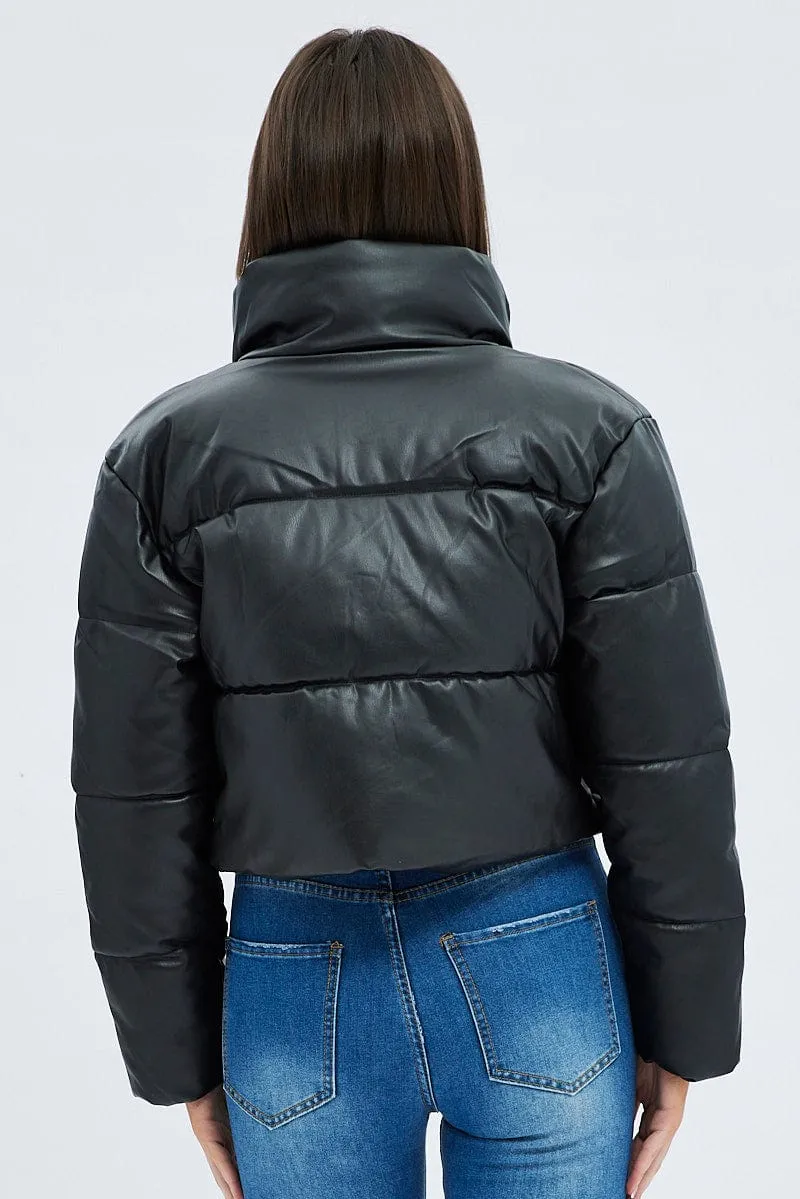 Black Jacket Zip Thru Long Sleeves Faux Leather