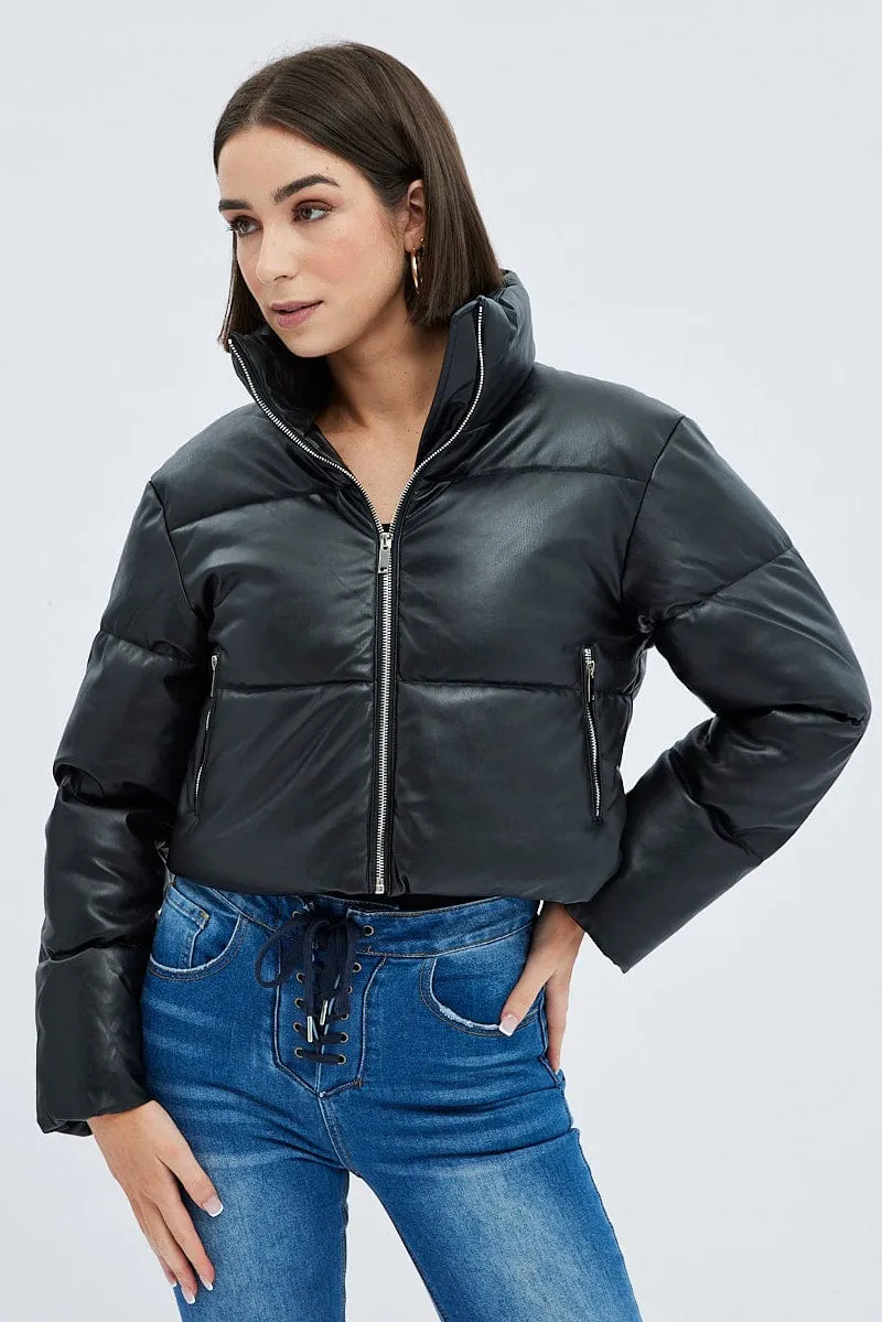 Black Jacket Zip Thru Long Sleeves Faux Leather